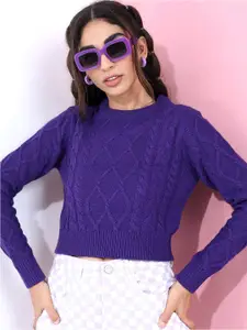 Tokyo Talkies Women Purple Solid Crop Pullover
