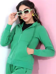 Tokyo Talkies Women Green Hooded Sweatshirt