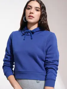 Tokyo Talkies Women Blue Solid Hooded Sweatshirt
