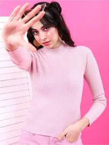 Basics By Tokyo Talkies Women Pink Ribbed Pullover