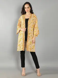 DEBONATELLA Women Gold & Beige Floral Printed Longline Shrug