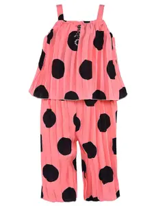 Wish Karo Girls Peach-Coloured & Black Printed Polka Dot Top with Trousers