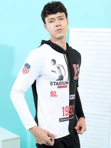 HIGHLANDER Men Black & White Printed Hooded Slim Fit T-shirt