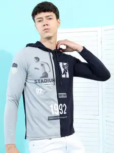 HIGHLANDER Men Grey & Navy Blue Hooded Slim Fit T-shirt