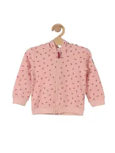 Lil Lollipop Girls Peach-Coloured Conversational Printed Hooded Sweatshirt