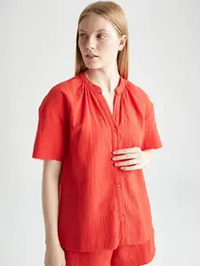 DeFacto Women Red Mandarin Collar Pure Cotton Shirt Style Top