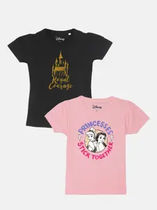 YK Disney Girls Black & Pink 2 Humor & Comic Printed Pure Cotton T-shirt