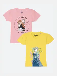 YK Disney Girls Pink & Yellow 2 Humor & Comic Printed Puff Sleeves Pure Cotton T-shirt