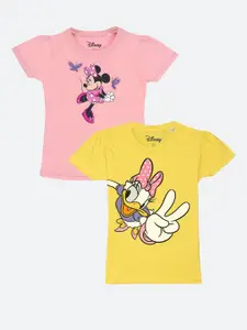 YK Disney Girls Pack Of 2 Pink & Yellow Printed Puff Sleeves Pure Cotton T-shirt