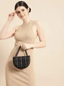 DressBerry Solid PU Half Moon Satchel With Quilted Detail