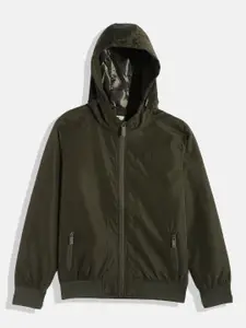 WROGN YOUTH Boys Olive Green Solid Hooded Bomber Jacket