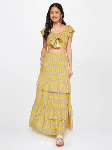 Global Desi Women Mustard Printed Top with Skirt Co-Ords Set