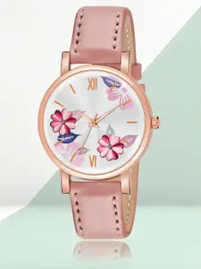 Shocknshop Women White Printed Dial & Pink Leather Straps Analogue Watch- W47Pink