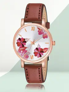 Shocknshop Women White Printed Dial & Brown Leather Straps Analogue Watch- W47Brown