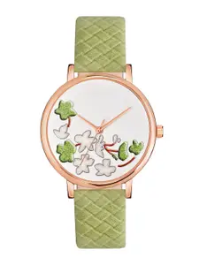 Shocknshop Women White Printed Dial & Green Leather Straps Analogue Watch MT501