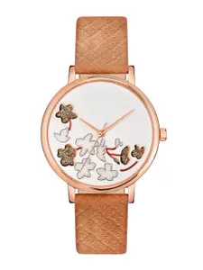 Shocknshop Women White Embellished Dial & Brown Leather Straps Analogue Watch MT503