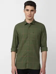 Peter England Casuals Men Olive Green Slim Fit Windowpane Checks Checked Casual Shirt