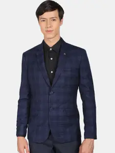 AD By Arvind Men Navy Blue Checked Tailored-Fit Single Breasted Blazers