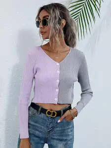 StyleCast Women Purple & Grey Colourblocked Colourblocked Crop