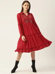 Antheaa Women Red Ethnic Motifs Embroidered Cuff Sleeves Tiered A-Line Dress