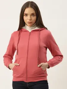 Madame Women Coral Red Solid Hooded Sweatshirt