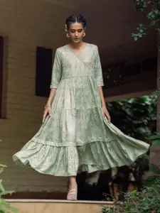 W Green Ethnic Motifs Ethnic A-Line Maxi Dress