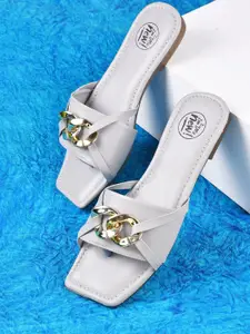 Try Me Women Grey Colourblocked Ethnic Open Toe Flats with Bows