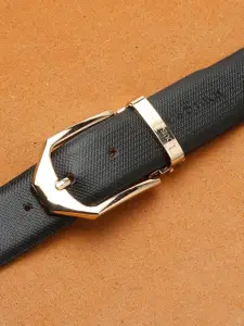 LOUIS STITCH Men Black Textured Leather Formal Belt  with Golden Buckle
