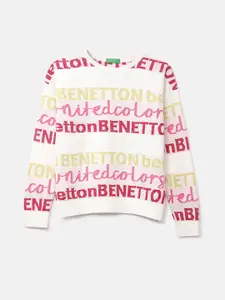 United Colors of Benetton Girls White & Yellow Typography Printed Cotton Pullover Sweater