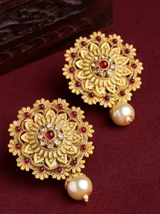 PANASH Gold-Toned & Red Floral Drop Earrings