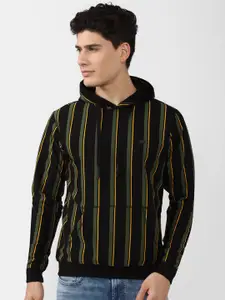 Peter England Casuals Men Black Cotton Striped Hooded Sweatshirt