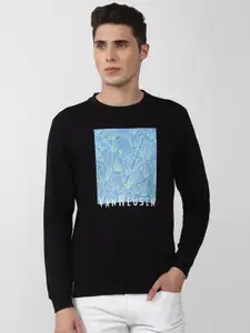 V Dot Men Black Printed Cotton Sweatshirt