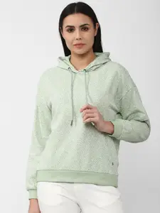 Van Heusen Woman Women Sea Green & White Floral Printed Hooded Sweatshirt