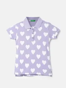 United Colors of Benetton Girls Lavender & White Printed Polo Collar T-shirt