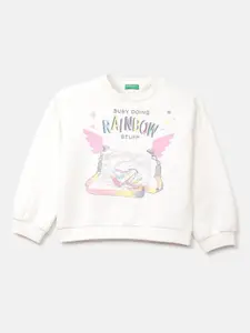 United Colors of Benetton Girls White Graphic Printed Cotton Sweatshirt