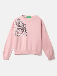 United Colors of Benetton Girls Pink & Silver-Toned Embroidered Pullover