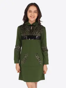 CUTECUMBER Girls Green & Black Animal Printed Cotton Sheath Dress
