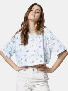 The Souled Store Women White Printed Extended Sleeves Oversized Cotton Oversized T-shirt