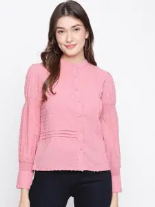 Latin Quarters Women Pink Mandarin Collar Smocked Shirt Style Pure Cotton Top