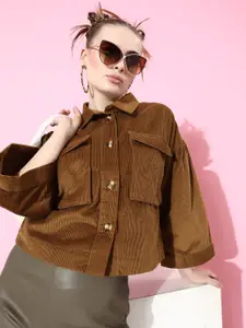 DressBerry Women Shiny Brown Pure Cotton Boxy Casual Shirt