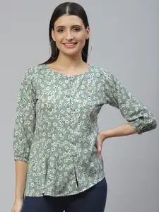 Ives Sea Green & White Floral Print Crepe Top