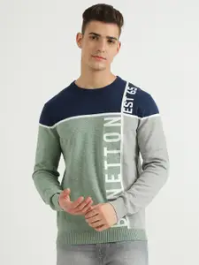 United Colors of Benetton Men Green & Blue Typography Printed Pullover