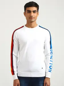 United Colors of Benetton Men White Printed Round Neck Cotton Sweatshirt