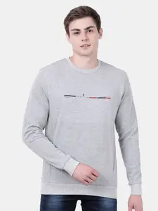 t-base Men Grey Melange Printed Cotton Sweatshirt