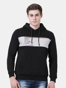 t-base Men Black Printed Fleece Hooded Sweatshirt