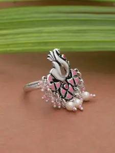 Voylla Women Silver Plated Faux Pearls Enamelled Peacock Motif Adjustable Ring