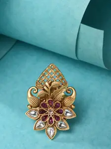 Saraf RS Jewellery Gold-Plated Red AD Studded Floral Adjustable Finger Ring
