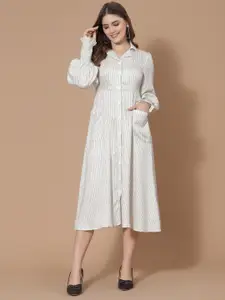 HOUSE OF KKARMA Off White Cotton Striped Shirt Midi Dress