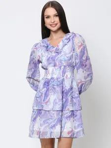 DRIRO Purple & White Printed Georgette Tiered Dress