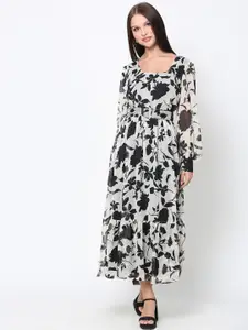 DRIRO DRIRO Off White & Black Floral Printed Chiffon Maxi Dress